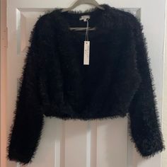 Black Fuzzy Crop Top Sweater. Never Been Worn Black Fluffy Sweater, Black Cropped Cardigan For Winter, Black Cropped Outerwear For Party, Black Cropped Party Outerwear, Black Cropped Sweater For Night Out, Casual Black Cardigan For Party, Fuzzy Crop Top, Beige Cable Knit Sweater, Fuzzy Sweater Outfit