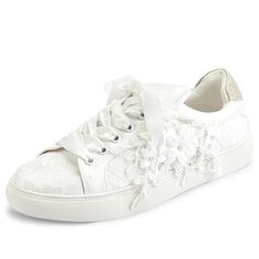 PRICES MAY VARY. These sneakers are more than just wedding shoes; they are an expression of your unique style and personality. Versatile and adaptable, our lace wedding sneakers seamlessly complement various wedding themes and styles. Whether you're planning a romantic garden ceremony, a beachside affair, or a chic city wedding, these sneakers are the perfect choice. They effortlessly pair with bridal gowns, jumpsuits, or even a whimsical skirt, allowing you to express your unique personality and style. Where floral elegance meets comfort and style. These exquisite shoes are a celebration of romance and nature, designed to make your special day bloom with beauty and grace.Each pair of lace flower wedding sneakers is meticulously crafted with delicate lace overlays and adorned with intricat Backyard Wedding Shoes Brides, Bridal Sneakers Brides, Bride Tennis Shoes, Whimsical Skirt, Bride Flats, Shoes Flowers, Bridal Sneakers, Garden Ceremony, Wedding Sneakers