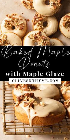 glazed maple donuts with maple glaze are on a cooling rack and the words, baked maple donuts with maple glaze