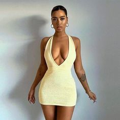 Women's Dress Solid Color Deep V Short Skirt Sexy Backless Halter Fashion Casual Bodycon Clothes, Indie Aesthetic Outfits, Bodycon Outfits, Halter Bodycon Dress, Dresses Bodycon, Summer Elegant, Jumpsuit Outfit, Mini Dresses For Women, Halter Mini Dress