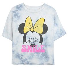 Who knew that dressing "mousey" could be so cute!? Celebrate Walt Disney's most iconic character with this officially licensed Disney Minnie Mouse Smile Portrait Juniors' Graphic Mineral Wash Crop T-Shirt! This cute tee features a distressed graphic of Minnie Mouse in a yellow bow with her eyes closed and the word: "Smile," below her. Dress in style this season with this new graphic tee today that is perfect for Disney fans everywhere! Minnie Mouse Crew Neck Top For Disney Events, Disney Minnie Mouse Crew Neck T-shirt, Cute Minnie Mouse T-shirt For Summer, Trendy Minnie Mouse Crew Neck Top, Trendy Mickey Mouse Top For Disney Fans, Trendy Mickey Mouse Tops For Disney Events, Smile Portrait, Yellow Bow, Petite Size Chart