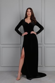 Gown is designed with a sweetheart neckline that beautifully frames your décolletage. It's made for a figure-hugging fit from black velvet and has an elegant silhouette. The dress crafted from luxurious velvet in a rich, black hue, this dress combines classic sophistication with a modern elegant design. The soft, velour fabric drapes beautifully, flawless and comfortable fit every time. Flatters all body types, creating a graceful silhouette. The long sleeves give warmth and elegance. Wrap yours Wedding Dress Velvet, Long Sleeve Mermaid Dress, Dress Gala, Long Sleeve Bridesmaid Dress, Black Wedding Dress, Sweetheart Neckline Dress, Velvet Bridesmaid Dresses, Black Bridesmaids, Maid Of Honour Dresses