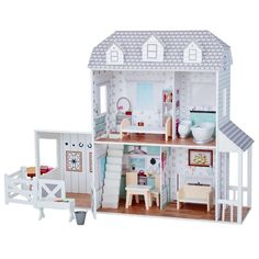 a doll house with furniture and accessories on the floor in front of a white background