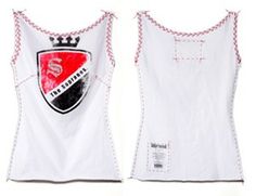 a white tank top with a red and black crown on it's chest, front and back