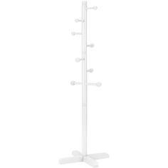 a white coat rack with five hooks and two umbrellas on the top, in front of a white background