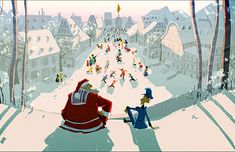 an animated image of santa and mrs claus on a snowy hill with people skating down it