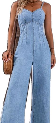 Chic High Waist Cotton Overalls, Wide Leg Blue Jumpsuit For Day Out, Blue Wide-leg Jumpsuits And Rompers For Day Out, High Rise Summer Overalls With Pockets, Summer High-rise Denim Jumpsuit With Pockets, Summer High Rise Denim Jumpsuit With Pockets, High Rise Denim Jumpsuit With Pockets For Summer, High Rise Blue Jumpsuits And Rompers For Summer, High Waist Denim Jumpsuit With Pockets