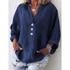 Green Ladies V-neck Cotton Solid Color Long-sleeved Blouse Linen Tshirts, Loose Shirts, Linen Blouse, Loose Blouse, Plus Size Blouses, Blue Shirt, Long Sleeve Casual, Linen Shirt, Long Sleeve Pullover