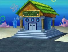 an animated image of a small building in the ocean