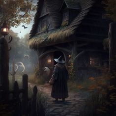 a painting of a person in front of a house with a scarecrow on it