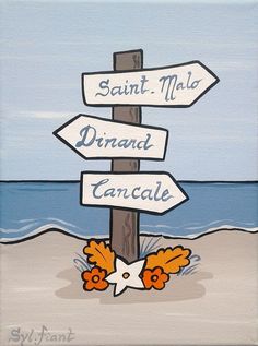 a painting of a sign post with directions to different destinations on it and the ocean in the background