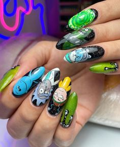 Crazy Acrylic Nails Designs Art Ideas, Character Nail Designs, Crazy Acrylic Nails, Birthday Nail Art, Cartoon Nail Designs, Cartoon Nail Art, Graffiti Nails, Crazy Nail Art, Velvet Nails