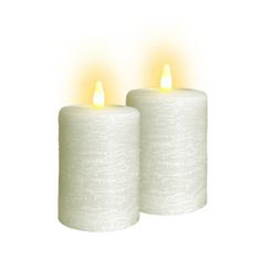 two white candles with yellow lights on each candle are shown in front of a white background