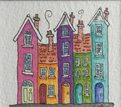 a drawing of some houses with windows and doors on the front, in watercolor