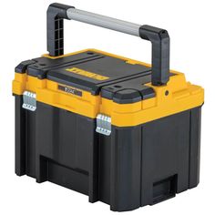 a yellow and black tool box with handle