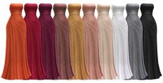 six different colored dresses are lined up together