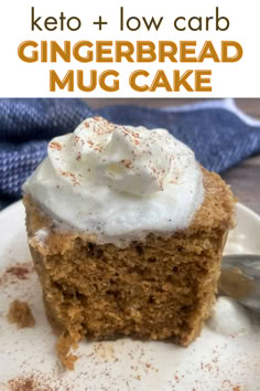 Inside image of a keto gingerbread mug cake topped with whipped cream and spices on a plate. Low Carb Cinnamon Mug Cake, Low Carb Mug Recipes, Keto Gingerbread Cake, Keto Mug Cake Microwave, Keto Blueberry Mug Cake, Gingerbread Mug Cake, Keto Gingerbread, Cinnamon Mug Cake, Low Carb Mug Cakes