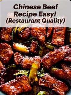 chinese beef recipe easy restaurant quality with broccoli in the foreground and text overlay that reads, chinese beef recipe easy restaurant quality