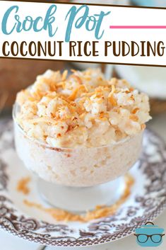 rice pudding in a glass bowl with coconuts around it on a white and brown plate