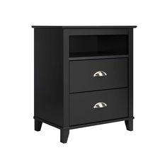 a black night stand with two drawers on each side and an open drawer in the middle