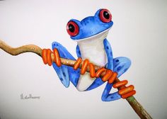 a painting of a blue frog on a branch with orange spirals around its legs