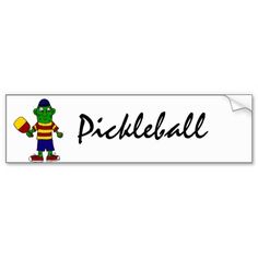 a sticker that says pickleball with a cartoon character holding a ball in his hand