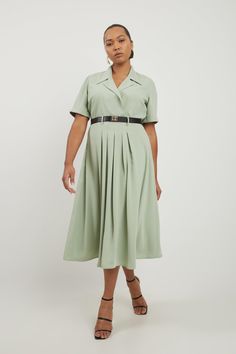 Feel Confident In Our Plus Size Midi Dress, With A Shirt Style Bodice Featuring A Formal Collar, As Well As A Belted Waist For A Cinched Silhouette, And A Long, Flared Skirt. Style It With Block Heels Or Ankle Boots For A Look Perfect For Office Days, Then Wear It With Heeled Boots Or Strappy Heels For An Evening Look. Plus Size Soft Tailored Belted Midaxi Shirt Dress Flattering Fit And Flare Silhouette V Neckline Unique Collar Detailing Belted Waist Feature Relaxed, Flared Skirt Zip Fastening O Fit And Flare Plus Size Dress, Plus Size Red Dress, Shirt Dress Plus Size, Plus Size Midi Dress, Long Flared Skirt, Plus Size Soft, Plus Size Shirt Dress, Casual Work Pants, Outfits For Mexico