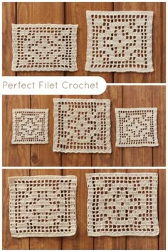 four different pictures of crocheted squares with the words perfect filet on them