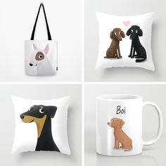 four mugs with dogs on them sitting next to each other