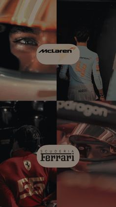 the collage shows several different images of men in racing suits and helmets, with one man looking at his reflection