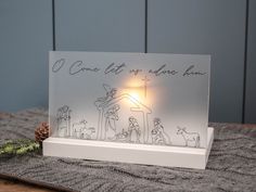 a light up nativity scene with the birth of jesus and baby jesus on it