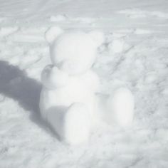 a white teddy bear sitting in the snow with it's shadow on the ground