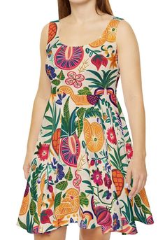 DESCRIPTION: Discover the perfect addition to your wardrobe with our exquisite tropical fruit print sleeveless dress. Designed for versatility, this dress is ideal for any occasion, from work to brunch, church, or everyday wear. Enhance its elegance by adding a blazer or cardigan to transition effortlessly from day to night. For a night out, pair it with statement jewelry to create a stunning look. Key Features: ▸Elegant Design: High cut scooped neckline and a circle cut asymmetrical hem that drapes beautifully. ▸Flattering Fit: More fitted on top with a flared skirt for a feminine silhouette. ▸Luxurious Fabric: Crafted from a blend of 83% polyester and 17% spandex, providing a bit of stretch and a smooth, slightly sheen finish. ▸Versatile Styling: Perfect for various occasions - work, bru Multicolor Tropical Print Sundress For Garden Party, Summer Beach Dress With Fruit Print, Beach Sundress With Fruit Print, Tropical Printed Dress For Brunch, Casual Sleeveless Fruit Print Dresses, Tropical Print Sundress For Garden Party, Sleeveless Fruit Print Dress For Vacation, Cotton Brunch Dress With Vibrant Print, Tropical Printed Dresses