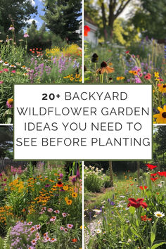 Collage of various backyard wildflower gardens, showcasing a rich tapestry of colorful blooms and lush greenery, with text overlay: '20+ Backyard Wildflower Garden Ideas You NEED to See Before Planting'. Backyard Wildflower Garden, Wildflower Garden Ideas, Garden Vertical, Garden Pathways, Butterfly Garden Design, Design Backyard, Garden Retreat, Sustainable Gardening, Simple Garden