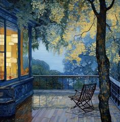 a painting of a porch with a chair and tree in the foreground at night