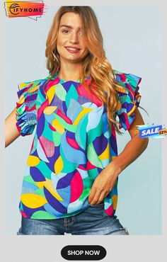 Multicolor Abstract Print Stitching Ruffle Sleeve Blouse Ruffle Sleeve Blouse, Abstract Print, Sleeve Blouse, On Sale, Stitching, Cross Stitching