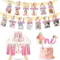 a baby's first birthday banner with photos and decorations