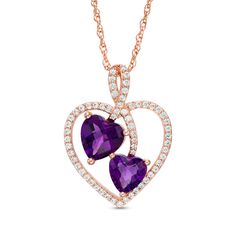 The perfect complement to any elegant style, this pendant will be hand-made exclusively to your order by our skilled jewelers. Please allow 7-9 business days for processing.Product ID: GLD-TA-149726Precious Metal Type: 14K Rose Sterling Silver Metal Finish: PolishedRhodium: YesStone Type: AmethystStone Color: PurpleStone Shape: Heart Purple Heart Necklace For Anniversary, Valentine's Day Purple Diamond Jewelry, Double Heart Jewelry With Prong Setting For Valentine's Day, Double Heart Prong Setting Jewelry For Valentine's Day, Purple Double Heart Jewelry For Valentine's Day, Valentine's Day Double Heart Jewelry With Prong Setting, Certified Rose Gold Heart Cut Jewelry, Formal Purple Necklace For Valentine's Day, Rose Gold Double Heart Jewelry For Formal Occasions