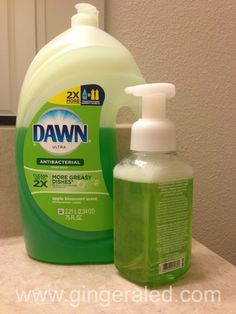 a bottle of dawn antibacterial soap next to a hand sanitizer