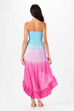 Embrace every moment in carefree style with lace up strings that can be tied in the front for a classic strapless fit or used to create a halter look. Featuring soft-fit comfort and draping fabric, the Aila Maxi Dress is a customizable piece designed to captivate. Details: 100% Rayon Hand wash cold & Lay flat to dry Features: Lace up sweetheart bodice, Can be worn strapless or halter, Ruffled high-low hemline Measures: Length from the top of the bodice to the shortest part of the hemline: approximately 28"; Length from the top of the bodice to the longest part of the hemline: approximately 48" Violet Ombre, Carefree Style, Draping Fabric, Printed Ties, Lay Flat, High Low, Bodice, Violet, Hand Wash