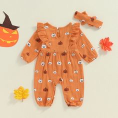 Includes: Romper & BowMaterial: Cotton BlendGender: GirlsPattern: PumpkinsSleeve Length: LongSummary: Baby Toddler Long Sleeve Ruffles Pumpkin Jack-o-Lantern Romper with Matching Bow 2 Piece Fall Halloween Set Cute Long Sleeve Sets For Fall, Fall Playtime Long Sleeve Sets, Fall Playtime Sets With Long Sleeves, Playful Long Sleeve Sets For Fall, Printed Cotton Sets For Fall, Playful Cartoon Print Sets For Fall, Cute Long Sleeve Sets For Halloween, Cute Long Sleeve Halloween Sets, Cute Cartoon Print Fall Sets