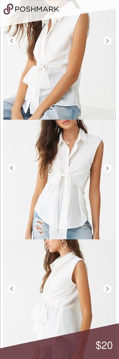 Semi Sheer Button Front Shirt • White  • A semi sheer woven shirt featuring a basic collar, sleeveless cut, front button closures, self tie overlay, and a curved hem.  • This is an independent brand sold at Forever 21 • 97% polyester, 3% spandex  • Brand new with tag. Retails for $25 Forever 21 Tops Tank Tops Trendy Sleeveless Blouse For Day Out, Elegant Sleeveless Shirt For Summer, Elegant Sleeveless Summer Shirt, Chic Summer Blouse By Forever 21, Chic Sleeveless Shirt For Summer, Chic Summer Blouse From Forever 21, Chic Forever 21 Summer Blouse, Chic Sleeveless Tops By Forever 21, Chic Sleeveless Forever 21 Tops