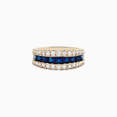 Effy Royale Bleu 14K Yellow Gold Blue Sapphire and Diamond Ring Blue Sapphire Stackable Ring In 14k Gold, Stackable Blue Sapphire Ring In 14k Gold, Stackable 14k Gold Blue Sapphire Ring, Blue 14k Gold Stackable Rings, Blue 14k Gold Ring With Prong Setting, 14k Gold Baguette Cut Blue Sapphire Ring, 14k Gold Blue Diamond Ring, 14k Gold Blue Ring With Prong Setting, Blue 14k Gold Ring Stamped 14k