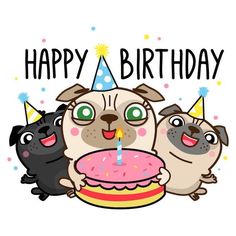 three pug dogs are holding a birthday cake