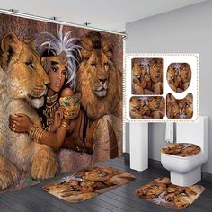 a bathroom with lion and woman on the shower curtain, rugs and toilet covers