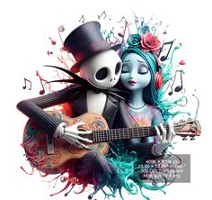 a skeleton holding a guitar with music notes all over it's face and wearing a top hat