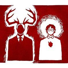 two people standing next to each other in front of a red background with an image of antlers on it