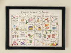 a cross stitch pattern with words and pictures on it, framed in a black frame