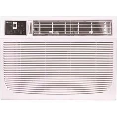 the window air conditioner is white and has an electronic timer on it's side