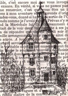 a drawing of a house on top of a page with words written in french and english